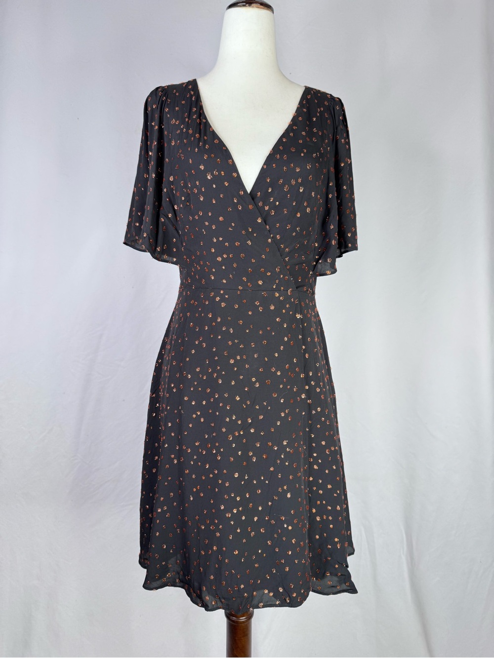 Madewell Black Midi Wrap Dress with copper dot embroidery